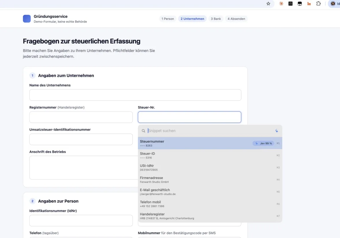 Feld „Steuer-Nr.“ mit dem Popup darunter. „Steuernummer“ steht oben und ist mit „Jev 99 %“ markiert und vorausgewählt.
